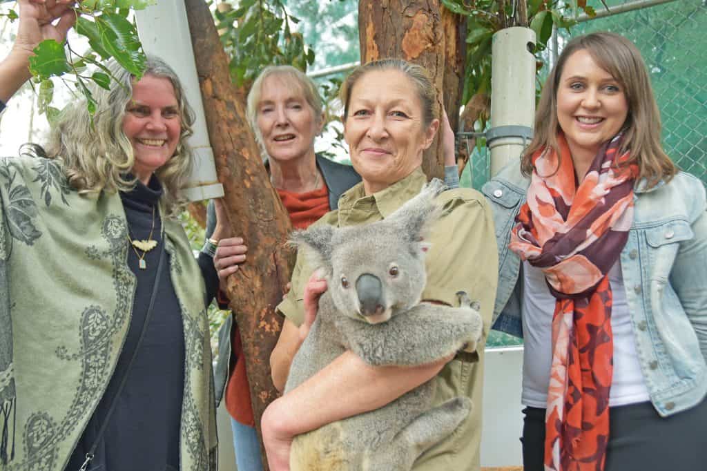 Members of Friends of the Koala smiling while one woman holds a koala